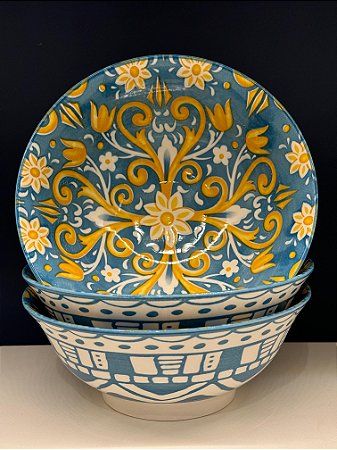 Saladeira - Cerâmica - Turquesa e Amarelo - Tamanho Pequeno
