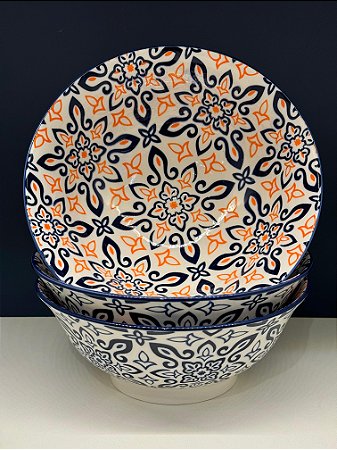 Saladeira - Cerâmica - Azul e Laranja  - Tamanho Pequeno
