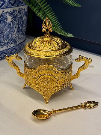 Açucareiro Turco - Metal e Vidro - Dourado