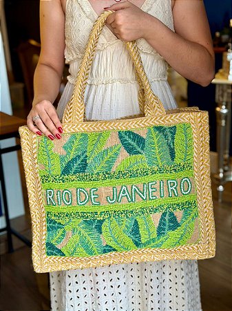 Bolsa Praia - Bordada - Com Miçangas - Rio de Janeiro - Verde e Palha