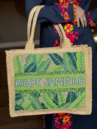 Bolsa Praia - Bordada - Com Miçangas - Rio de Janeiro - Verde e Palha