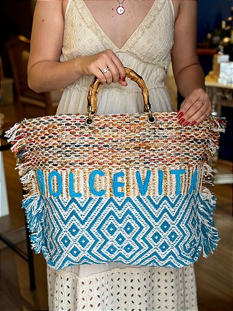 Bolsa Praia - Bordada - Com Miçangas - Dolce Vita - Azul, Dourado e Bege