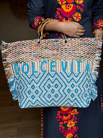 Bolsa Praia - Bordada - Com Miçangas - Dolce Vita - Azul, Dourado e Bege