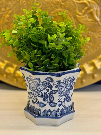 Cachepot em Ceramica - Azul e Branco - 15CM