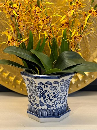 Cachepot em Ceramica - Azul e Branco - 20,5CM