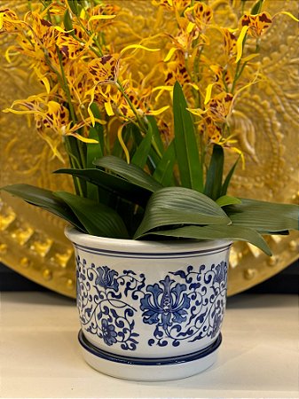 Cachepot em Ceramica - Azul e Branco - 20,5CM