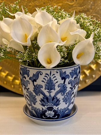 Cachepot em Ceramica - Azul e Branco - 20,5CM