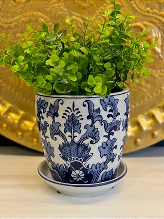 Cachepot em Ceramica - Azul e Branco - 15,5CM