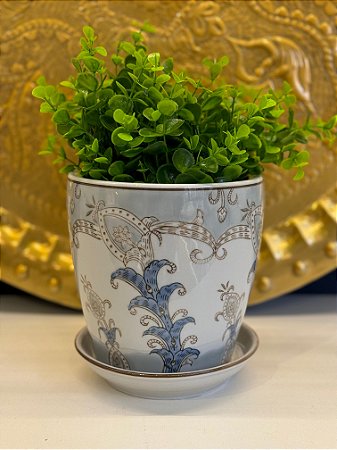 Cachepot em Ceramica - Azul Claro e Marrom - 15,5CM