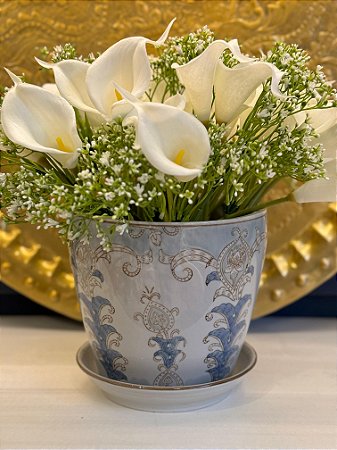 Cachepot em Ceramica - Azul Claro e Marrom - 20,5CM