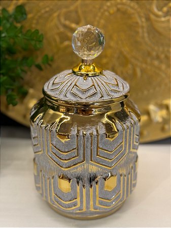Potiche - Cinza e Dourado - Ceramica - 25cm