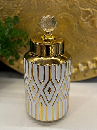 Potiche - Branco e Dourado - Ceramica - 29cm