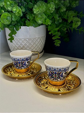 Xícara - Turca - Cerâmica - Par - Azul, Verde, Vermelho e Dourado