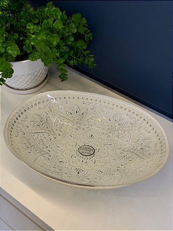 Fruteira - Centro de Mesa em Metal - Turca - Vitral - Branco e Prata