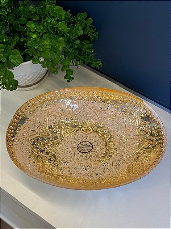 Fruteira - Centro de Mesa em Metal - Turca - Vitral - Rosa e Dourado