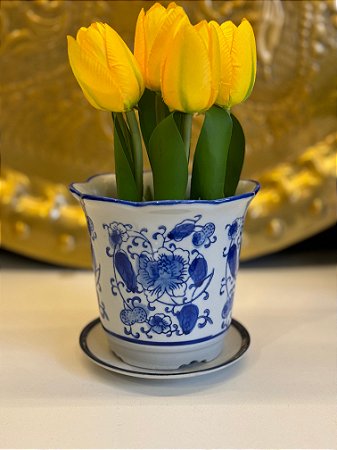 Cachepot em Ceramica - Flor - Azul e Branco - 11,5CM