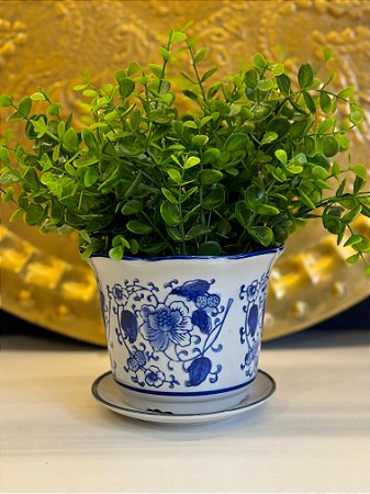 Cachepot em Ceramica - Flor - Azul e Verde - 15CM