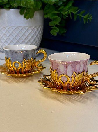 Xicara Turca - Par - Vidro - Azul, Rosa e Dourado