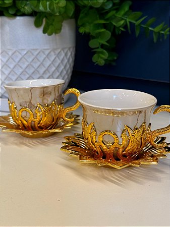 Xicara Turca - Par - Vidro - Marrom e Dourado