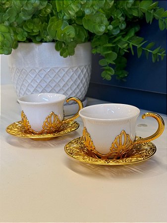 Xicara Turca - Par - Vidro - Branco e Dourado