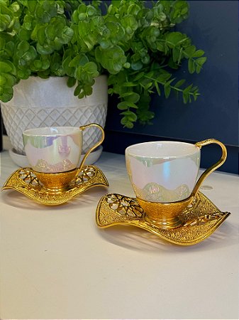 Xicara Turca - Par - Vidro - Furta-Cor e Dourado