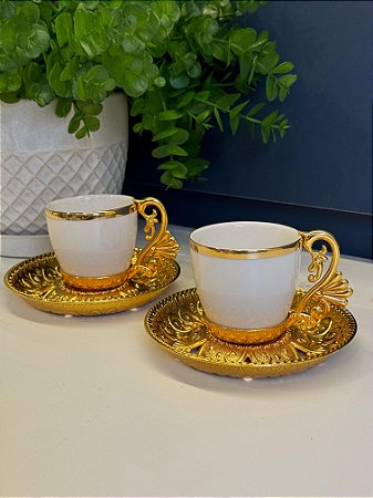 Xicara Turca - Par - Vidro - Branco e Dourado