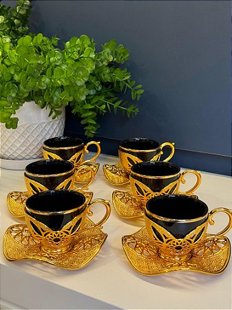 Jogo Xícara Turca - Conjunto 6 lugares - Dourado e Preto