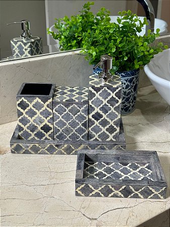 Kit Saboneteira - Osso e Metal - Cinza e Off White - 5 Peças