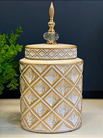 Potiche - Cerâmica - Branco e Dourado - 34CM