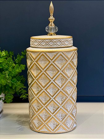 Potiche - Cerâmica - Branco e Dourado - 44CM