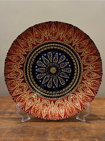 Centro de Mesa em Vitral  - Vermelho, Dourado e Azul  - Médio