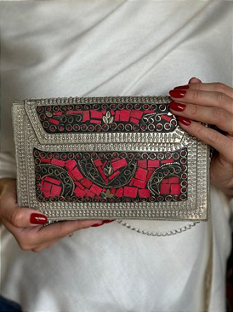 Bolsa Clutch em Metal - Vermelho e Prata - Com Alça
