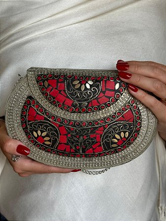Bolsa Clutch em Metal - Vermelho e Prata - Com Alça