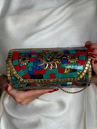 Bolsa Clutch em Metal  - Colorido e Doudado - Com Alça