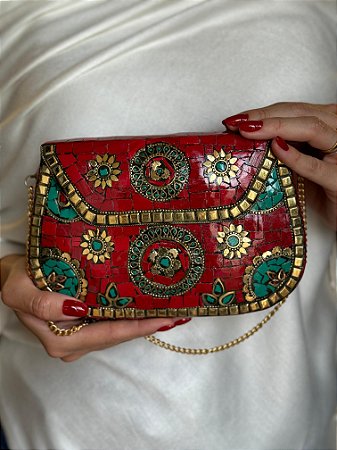 Bolsa Clutch em Metal - Vermelho, Verde e Dourado- Com Alça