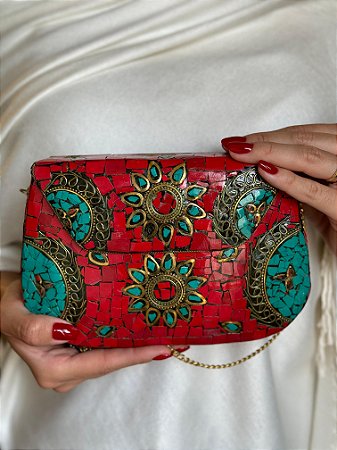 Bolsa Clutch em Metal - Vermelho, Verde e Dourado - Com Alça