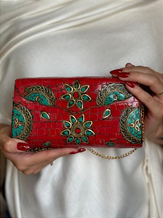 Bolsa Clutch em Metal - Vermelho e Turquesa - Com Alça