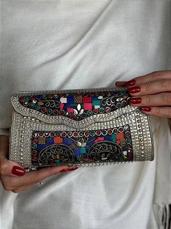Bolsa Clutch em Metal - Colorida e Prata - Com Alça