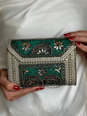 Bolsa Clutch em Metal - Verde e Prata - Com Alça