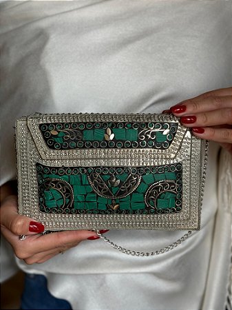 Bolsa Clutch em Metal  - Verde e Prata - Com Alça
