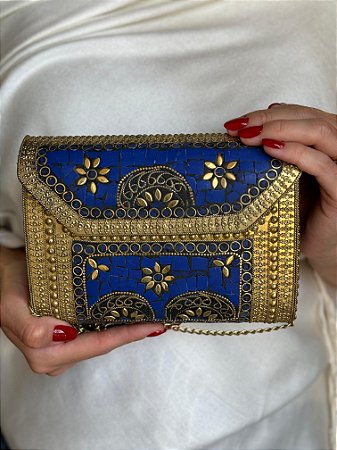 Bolsa Clutch em Metal - Azul e Dourado - Com Alça