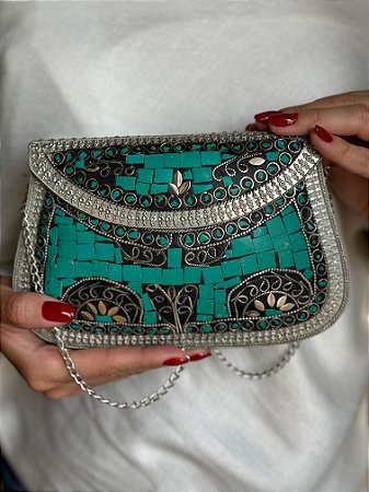 Bolsa Clutch em Metal - Turquesa e Prata - Com Alça