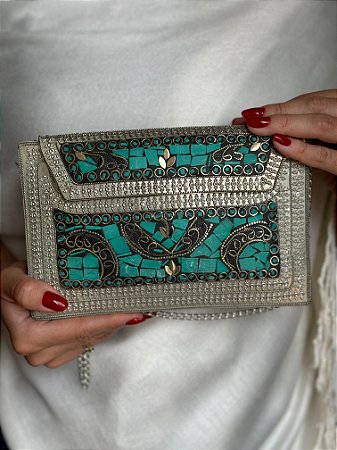 Bolsa Clutch em Metal - Turquesa e Prata - Com Alça