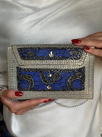 Bolsa Clutch em Metal - Azul e Prata - Com Alça