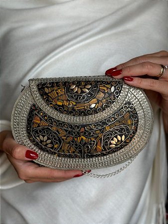 Bolsa Clutch em Metal  - Marrom e Prata - Com Alça