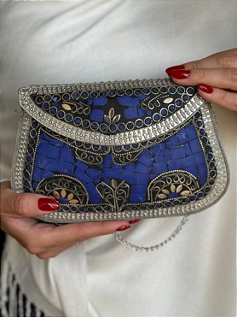 Bolsa Clutch em Metal - Azul e Prata - Com Alça