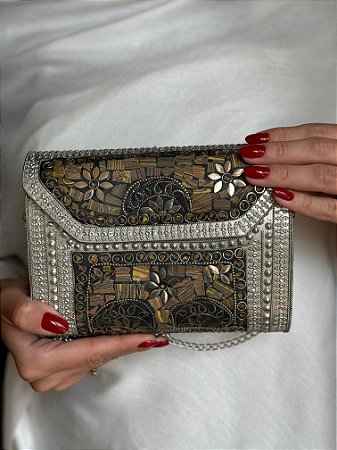 Bolsa Clutch em Metal  - Marrom e Prata - Com Alça
