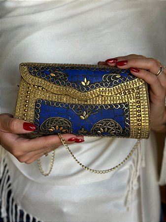 Bolsa Clutch em Metal - Azul e  Dourado - Com Alça