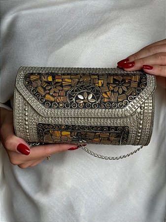 Bolsa Clutch em Metal  - Marrom e Prata - Com Alça