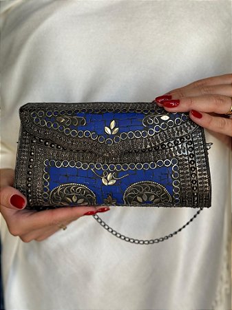 Bolsa Clutch em Metal - Azul e  Grafite - Com Alça